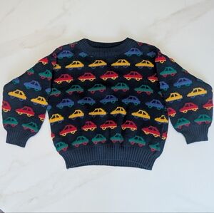 VTG Sweater Cars Novelty Print Knit Acrylic Crewneck Kids Sz 7 Retro Color Block
